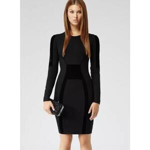REISS Tigre Mini Dress Velvet Trim Crew Neck Long Sleeve Fitted, Black